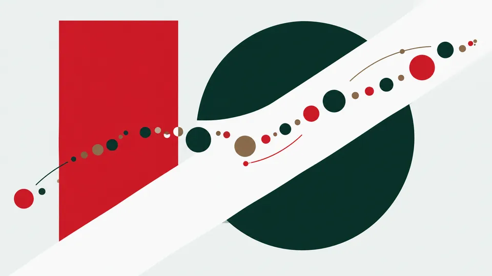 Geometrisk illustration med små runde former, der bevæger sig i en bue hen over røde, grønne og hvide farvefelter